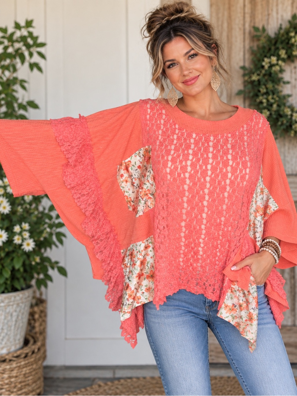POL Oversized Coral Lace Floral Patchwork Boho Tunic Top Small A36